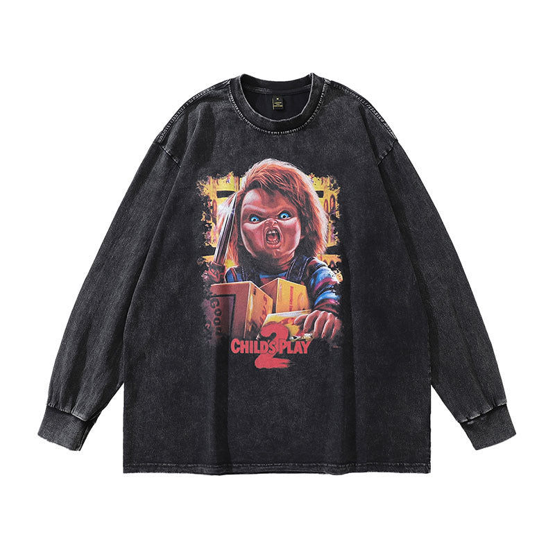 Men Long Sleeve Shirt Printed Washed Long Sleeve Bottoming Hiphop Long Sleeve T-shirt for Men