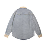 Men Long Sleeved T Shirt Stitching Denim Long Sleeve Shirt Men's Washed Denim Lapel Shirt Coat