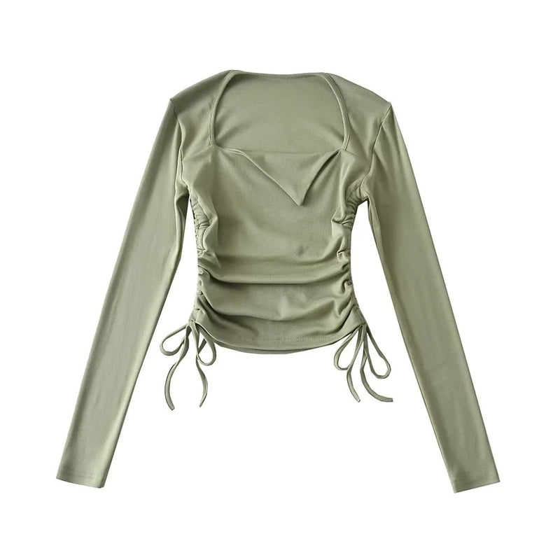 Women T-shirt Spring and Autumn Slim Fit Square Collar Long Sleeve T-shirt Women's Short