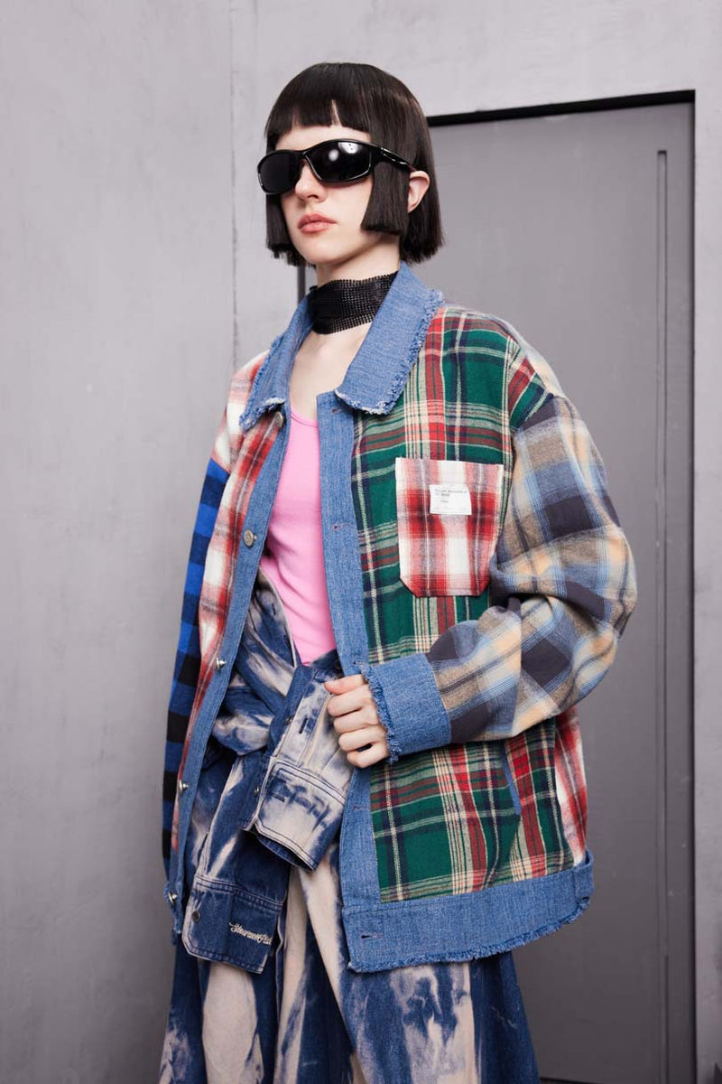 Unisex Jacket Fall Contrast Color Check Splicing Coat Women