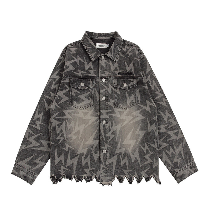 Men Denim Jacket Lightning Printed Jacket Coat Washed Distressed Denim Jacket