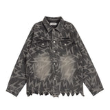 Men Denim Jacket Lightning Printed Jacket Coat Washed Distressed Denim Jacket