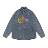 Men Long Sleeved T Shirt Cartoon Embroidered Washed Denim Shirt Coat Spring and Autumn Loose Long Sleeve Shirt