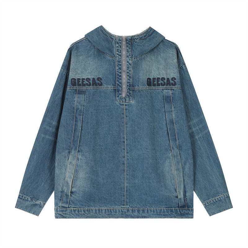 Men Denim Jacket Hooded Denim Hoodie Men's Loose Leisure Washed-out Distressed Pullover Coat Autumn