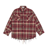 Men Long Sleeved T Shirt Spring and Autumn Lattice Long Sleeve Shirt Coat Vintage Cat Raw-Cut Edges Loose Shirt