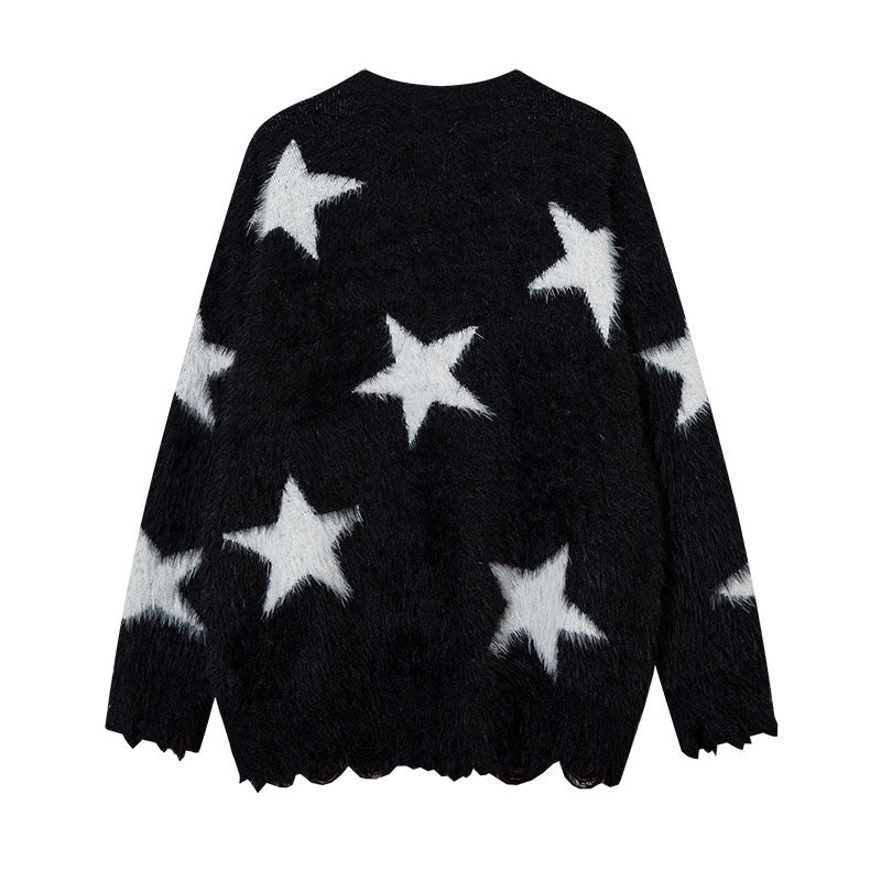 Men Long Sleeve Shirt Five-Pointed Star Contrast Color Jacquard Sweater for Men and Women Idle Style Couple Sweater