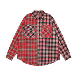 Men Long Sleeved T Shirt Plaid Long Sleeve Shirt Men Niche Color Contrast Patchwork Lapel Shirt Coat