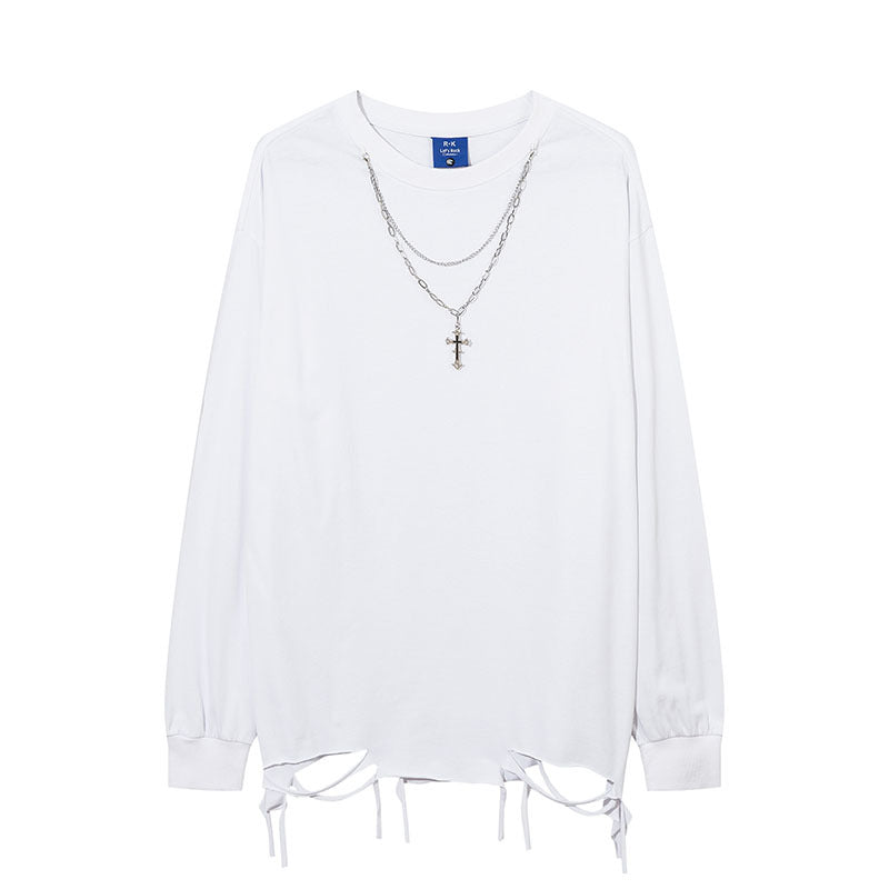 Men Long Sleeve Shirt Solid Color Distressed Bottoming Long Sleeve T-shirt Men's Loose All-Matching