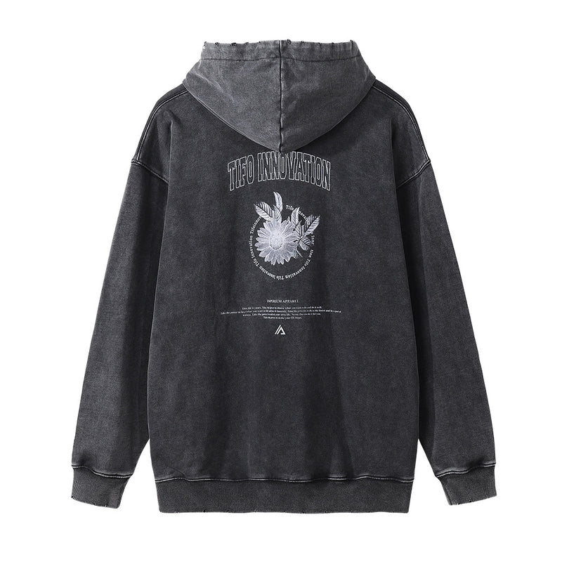 Men Hoodie Washed and Worn Chrysanthemum Printed Hoodie Hip Hop Casual American Style Loose Hand Frayed Hoodies