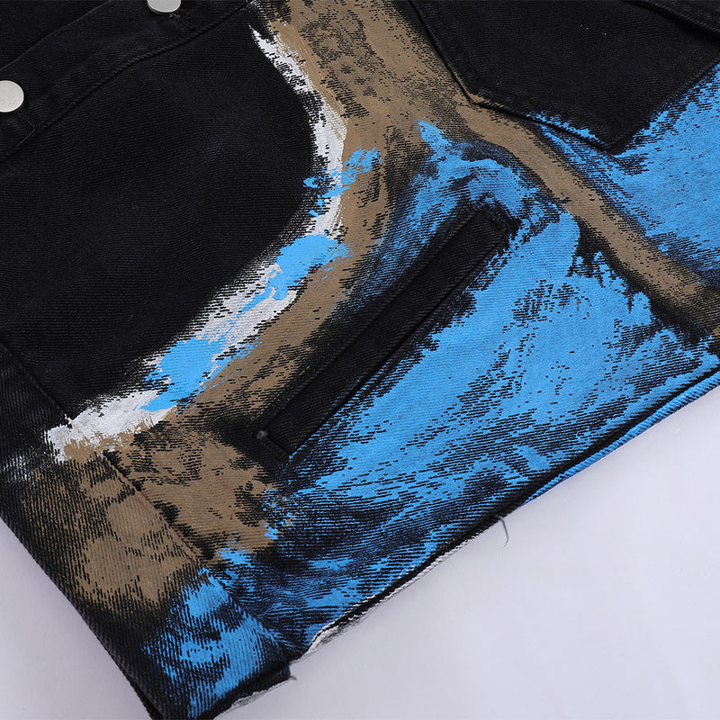 Men Denim Jacket Contrast Color Washed Denim Jacket Men's Loose Long Sleeve Jacket