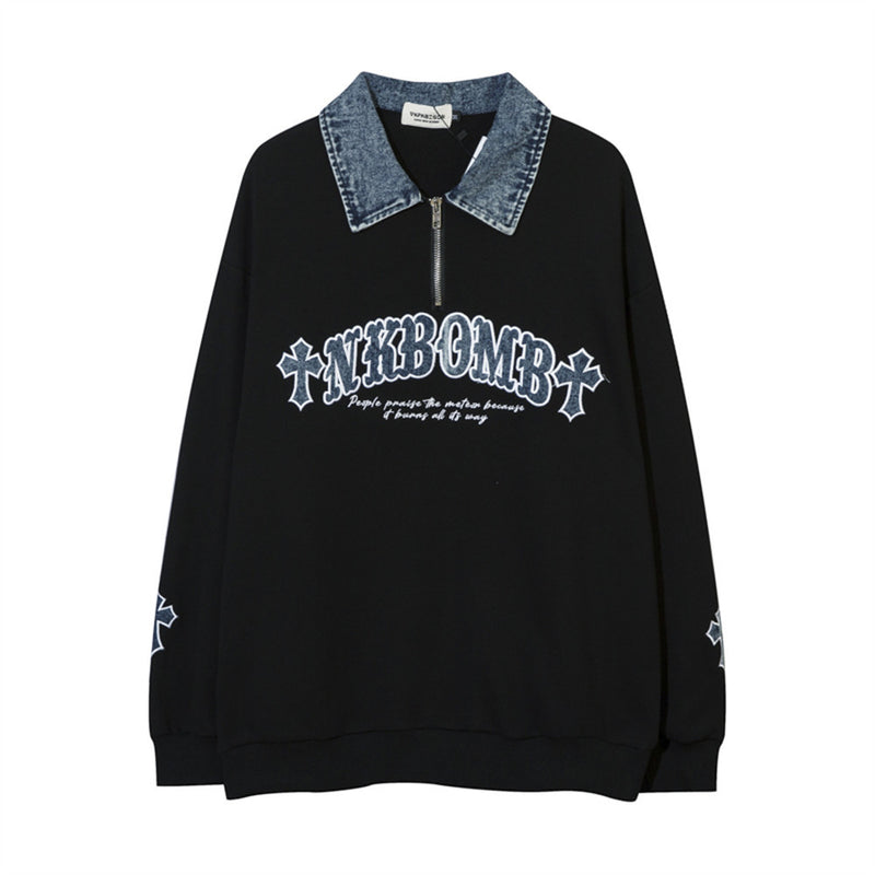 Men Hoodie Letter Patch Embroidered Lapel Sweatshirt