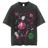 Vintage Black Washed Cotton Tees Shirts Anime Graphic