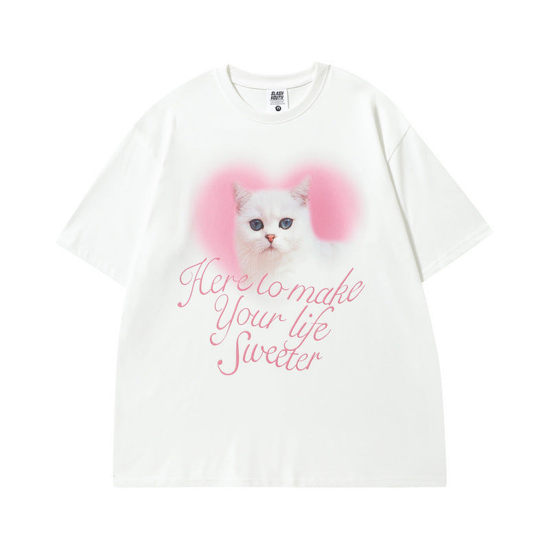 Men T Shirt Vintage Kitten Print Short Sleeve T-shirt Men and Women Ins Couple Vintage