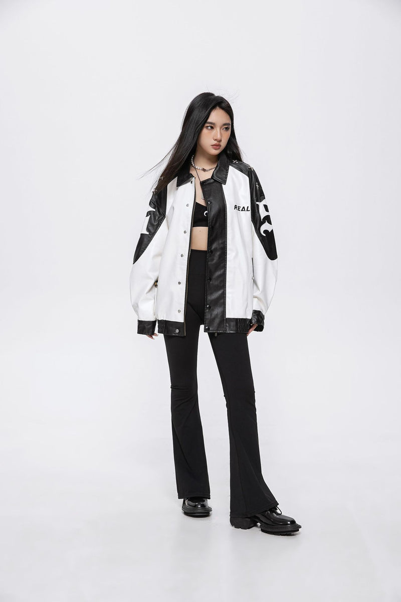 Unisex Jacket R Autumn Color Contrast Patchwork Leather Coat