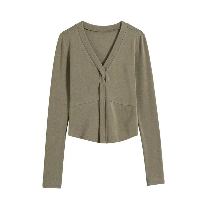 Women T-Shirt V-neck Solid Color Bottoming Shirt Women's Autumn Winter Coat