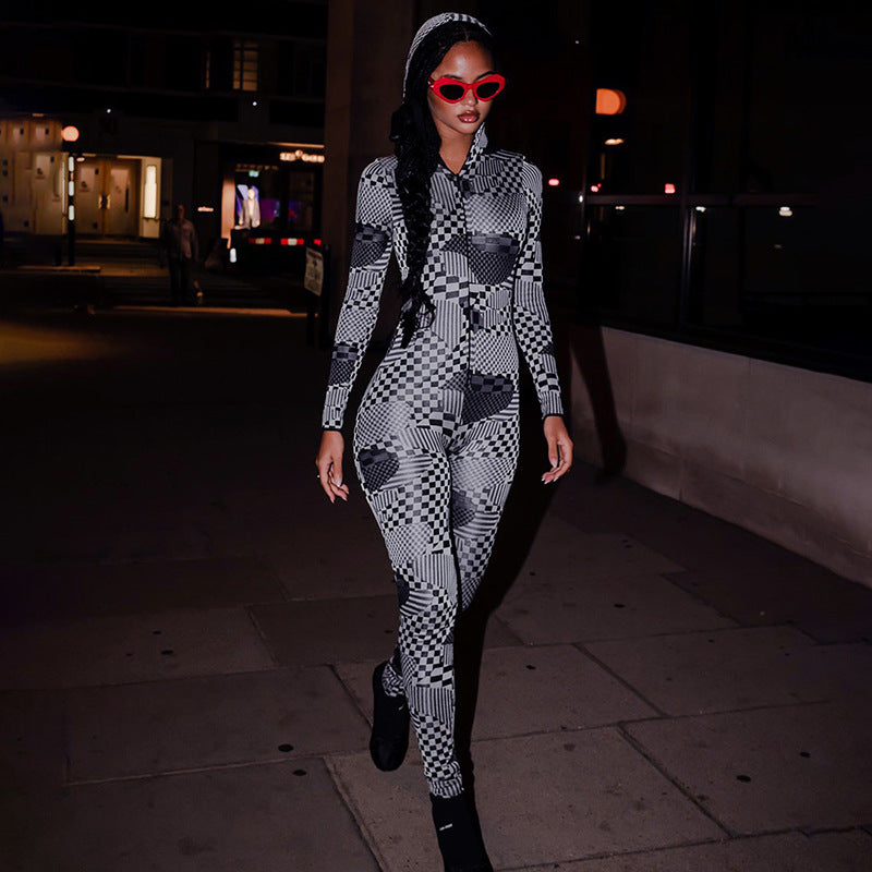 Women Jumpsuit Autumn and Winter Zipper Hooded Printed Tight Long Sleeve