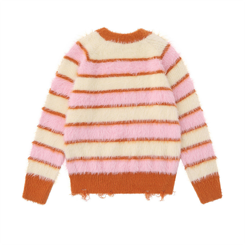 Women Sweater Autumn Girls Loose Striped Contrast Color Knitwear