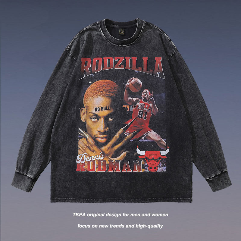 Men Long Sleeve Shirt Rodman Printed Autumn Men's Bottoming Worn Looking Washed-out Long Sleeve T-shirt