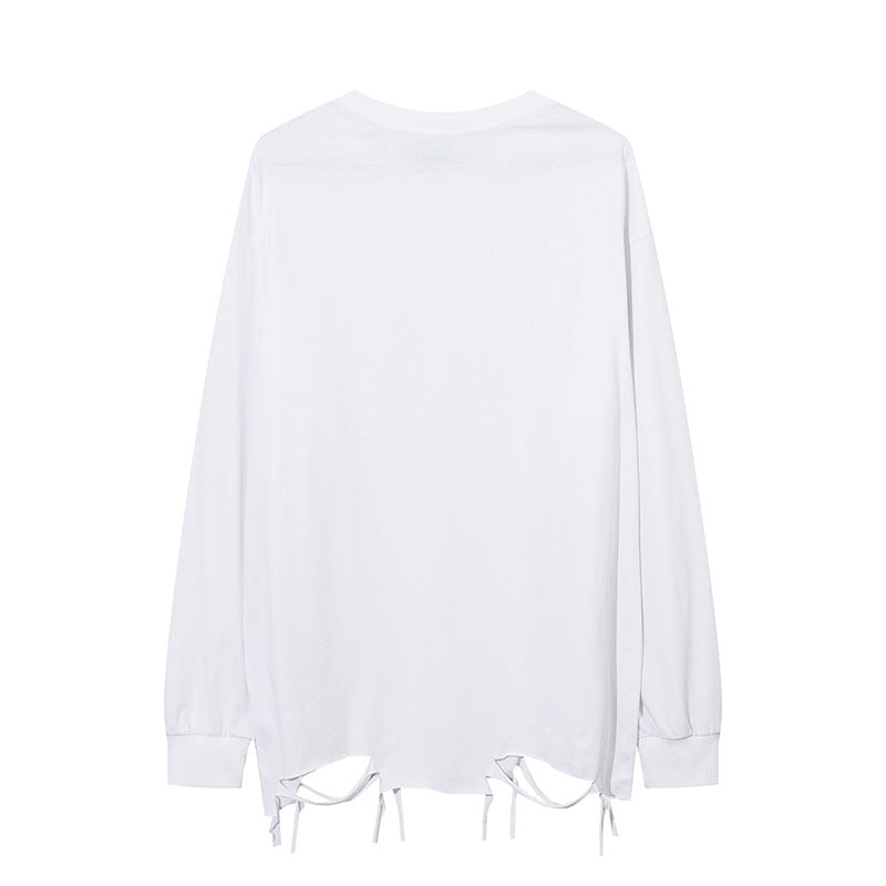 Men Long Sleeve Shirt Solid Color Distressed Bottoming Long Sleeve T-shirt Men's Loose All-Matching
