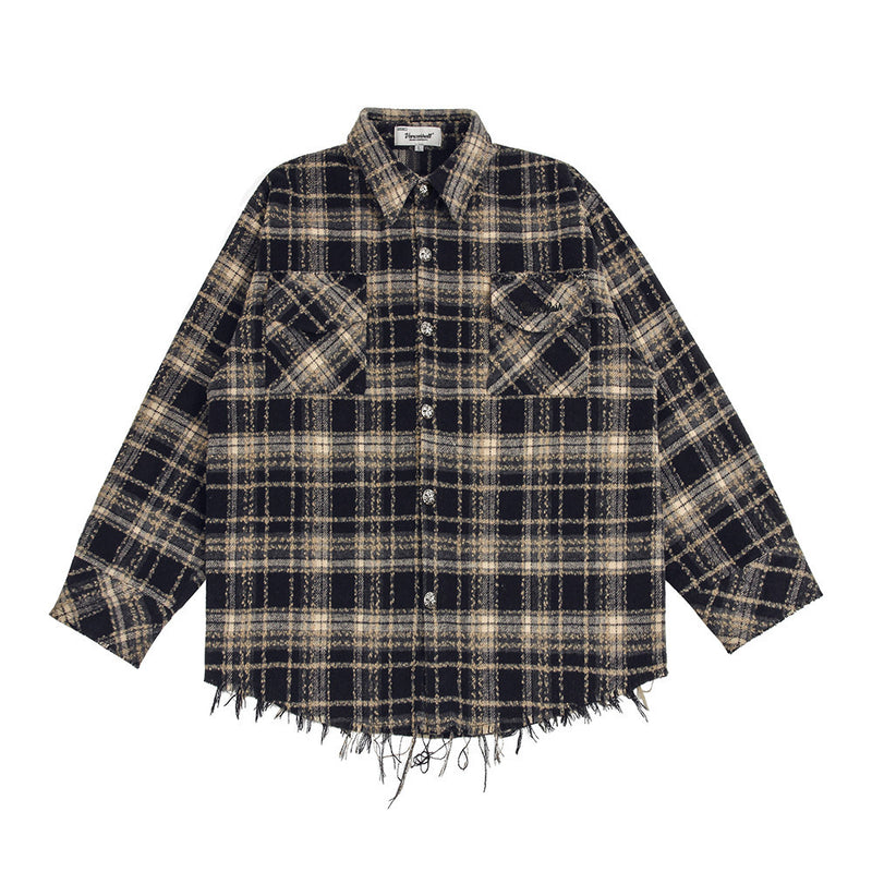 Men Long Sleeved T Shirt Spring and Autumn Lattice Long Sleeve Shirt Coat Vintage Cat Raw-Cut Edges Loose Shirt