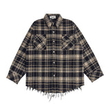 Men Long Sleeved T Shirt Spring and Autumn Lattice Long Sleeve Shirt Coat Vintage Cat Raw-Cut Edges Loose Shirt