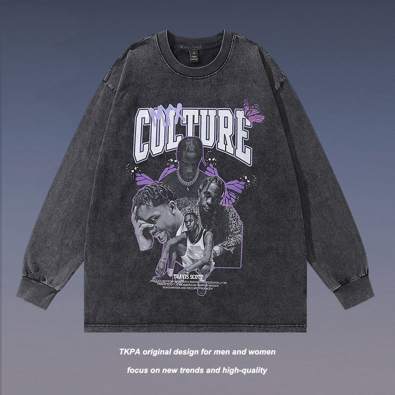 Men Long Sleeve Shirt Vintage Washed and Worn Long Sleeve T-shirt Male and Female Trendy Brand Loose