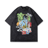 Men T Shirt Hip Hop Anime Print Distressed Short Sleeve T-shirt Men and Women Retro