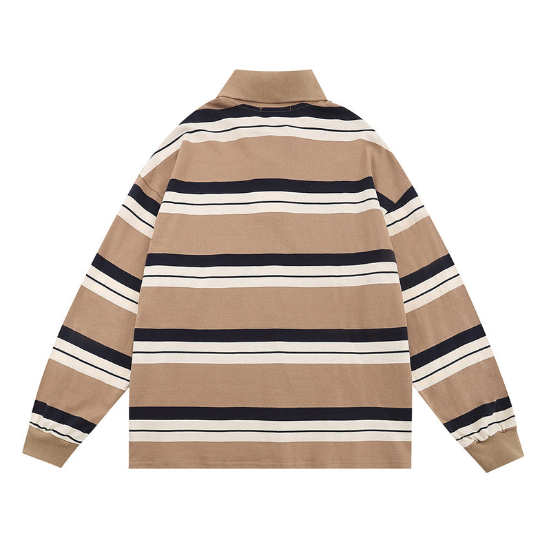 Men Hoodie Loose Long Sleeve Polo Shirt Casual Striped Embroidered Letter Lapel Pullover Sweater
