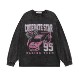 Men Long Sleeve Shirt Hip Hop Cartoon Printed Washed Long Sleeve T-shirt Men and Women Retro Bottoming