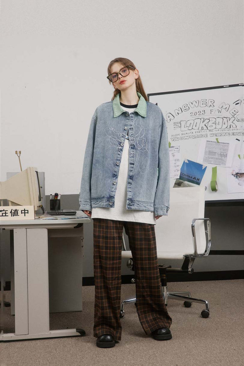 Unisex Jacket Autumn Embroidery Color Block Denim Coat Women's Clothing
