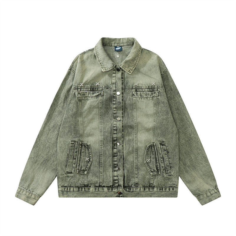 Men Denim Jacket Dyed Distressed Denim Jacket Men's Lapel Denim Jacket
