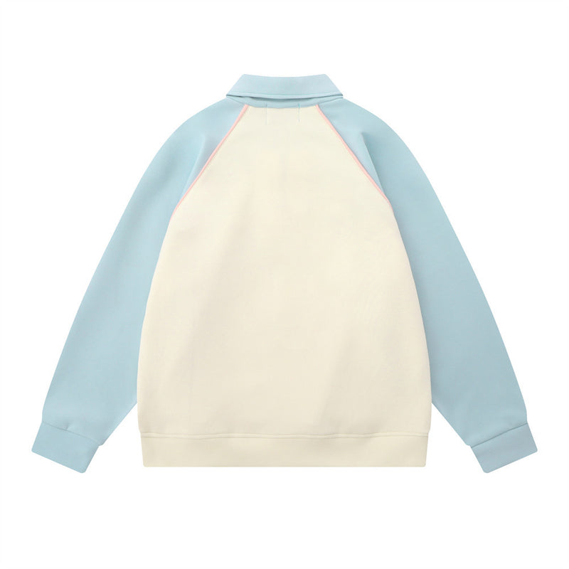 Men Hoodie Color-Block Raglan Sleeves Lapel Pullover Sweater