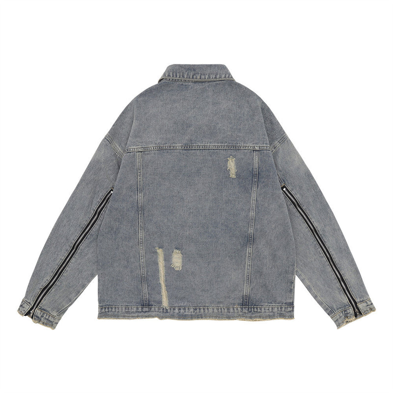 Men Denim Jacket Washed and Worn Denim Jacket Men's Loose Hole Denim Jacket