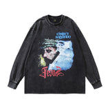 Men Long Sleeve Shirt Cartoon Distressed Long Sleeve T-shirt Men and Women Ins Washed