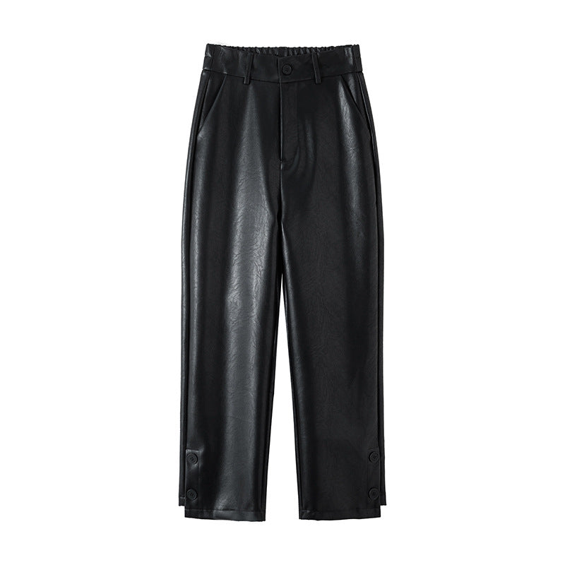 Palazzo Pants Black PU Leather Pants Women's Cropped Casual Wide-Leg Pants