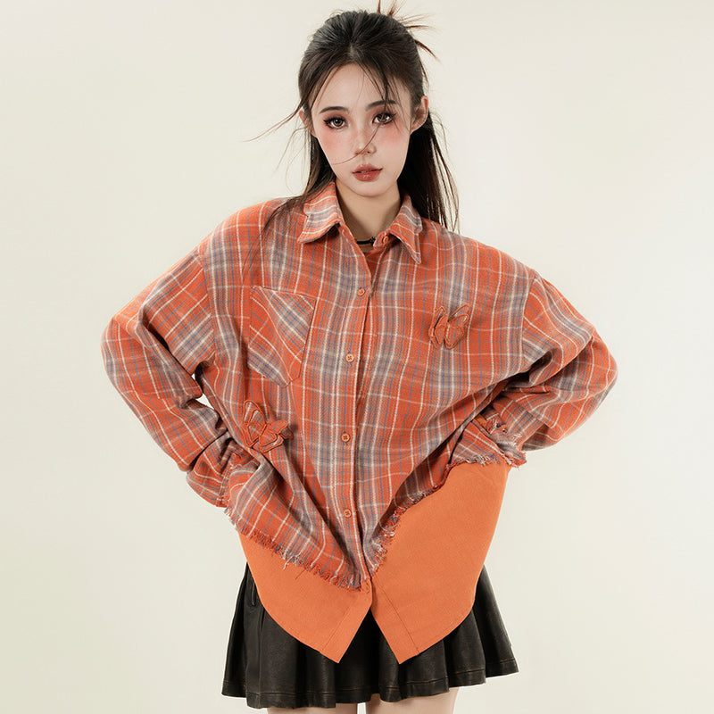 Women's Long Sleeve Shirt Plaid Butterfly Long Sleeve Shirt Women's Autumn Loose Button Cardigan Shirt