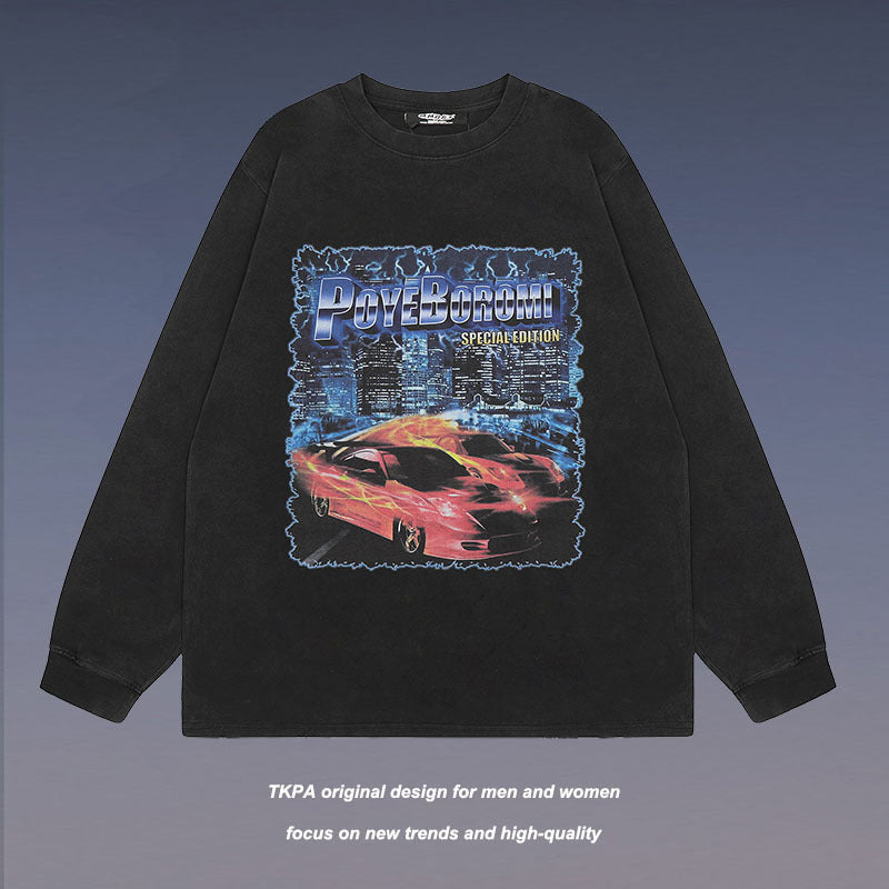 Men Long Sleeve Shirt Vintage Printed Distressed Casual Long Sleeve Bottoming Men