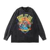 Men Long Sleeve Shirt Cartoon Printed Long-Sleeved T-shirt Men and Women Idle Style Vintage Distressed