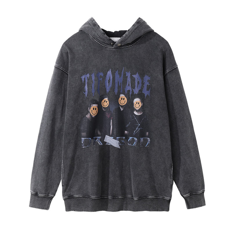 Men Hoodie Print Hooded Pullover Male Loose Wash Distressed