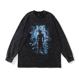 Men Long Sleeve Shirt Washed Old Portrait Loose Long Sleeve T-shirt Men and Women Black
