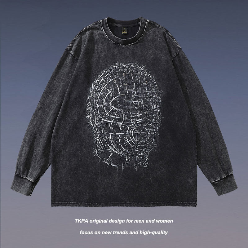 Men Long Sleeve Shirt Printed Distressed Long Sleeve T-shirt Men and Women Couple Base Tee
