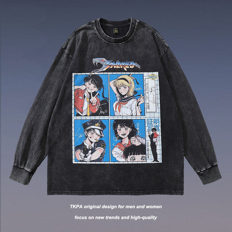 Men Long Sleeve Shirt Cartoon Print Distressed Bottoming Long Sleeve T-shirt Men and Women