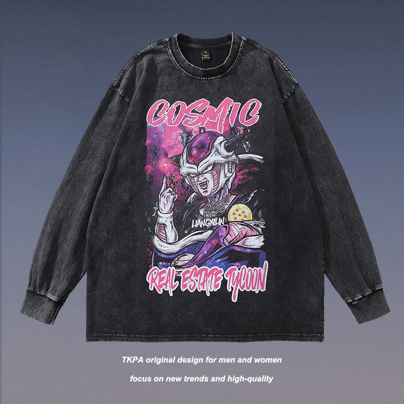 Men Long Sleeve Shirt Vintage Cartoon Printed Washed Old Long Sleeve T-shirt for Men and Women