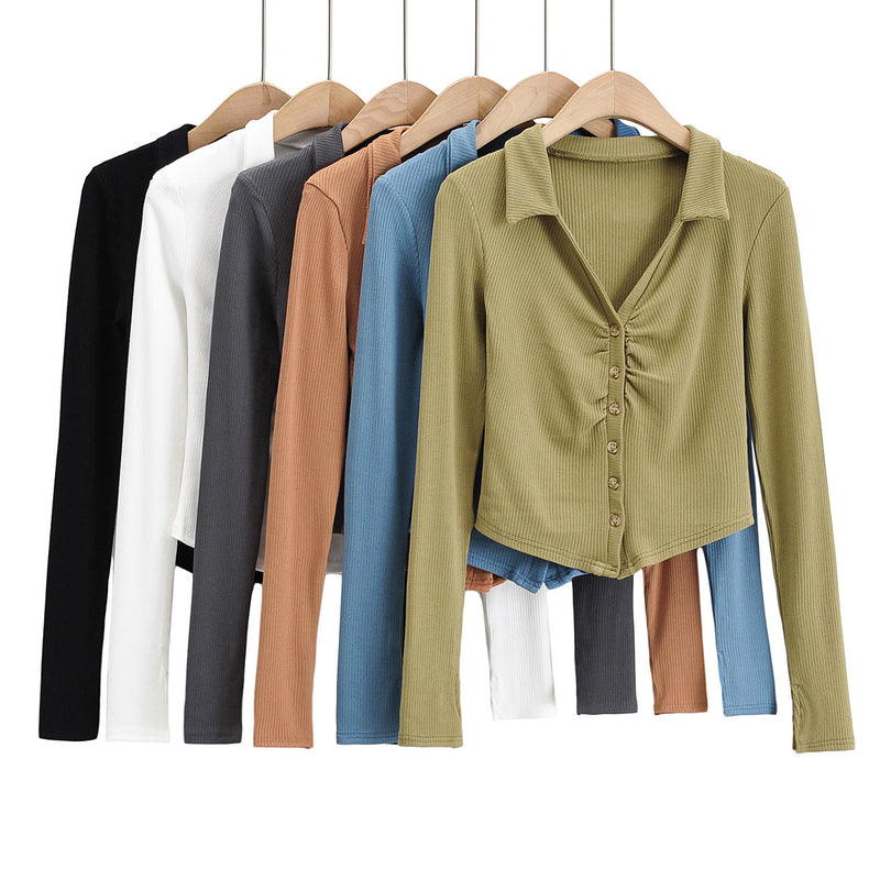 Women T-Shirt Autumn Fashion Polo Collar Button T-shirt