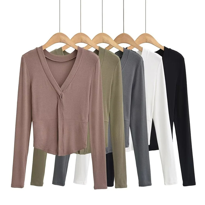 Women T-Shirt V-neck Long Sleeve Slim Bottoming Shirt Top T-shirt
