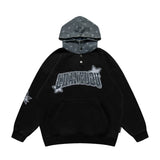 Men Fleece Lined Hoodie Cowboy Patchwork Hoodie Male Letter Five-Pointed Star Hat Loose