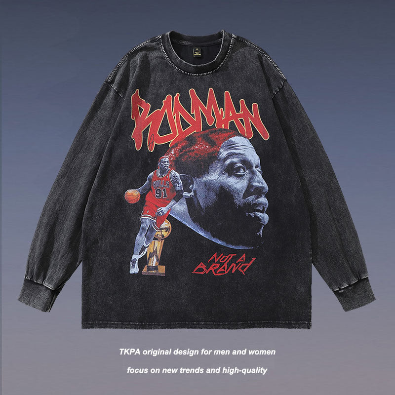 Men Long Sleeve Shirt Printed Washed Long Sleeve T-shirt Men and Women Hiphop Retro