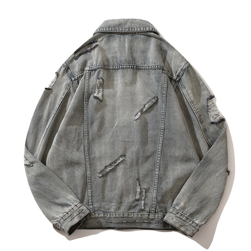 Men Denim Jacket Washed and Worn Denim Jacket Men Baggy Coat