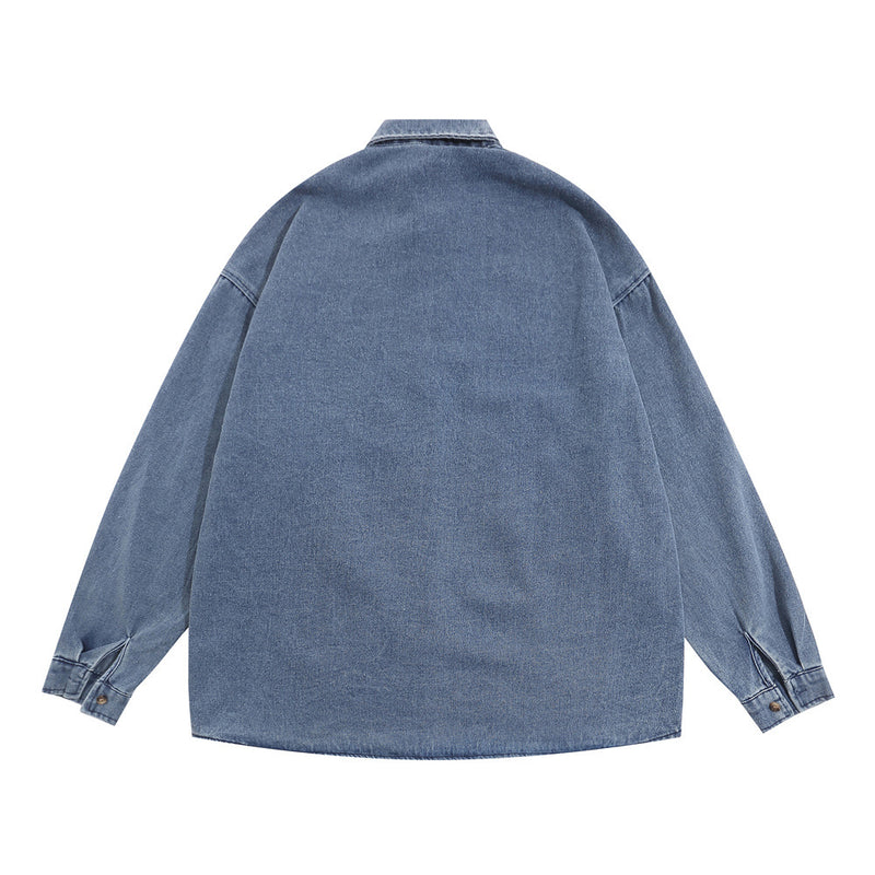 Men Long Sleeved T Shirt Embroidered Denim Shirt All-Matching Loose Casual Spring and Autumn Long Sleeve Shirt Coat