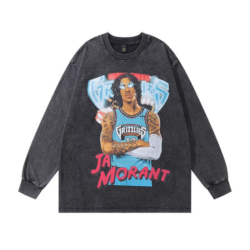 Men Long Sleeve Shirt Hiphop Washed Distressed Long Sleeve T-shirt Men and Women Loose Casual